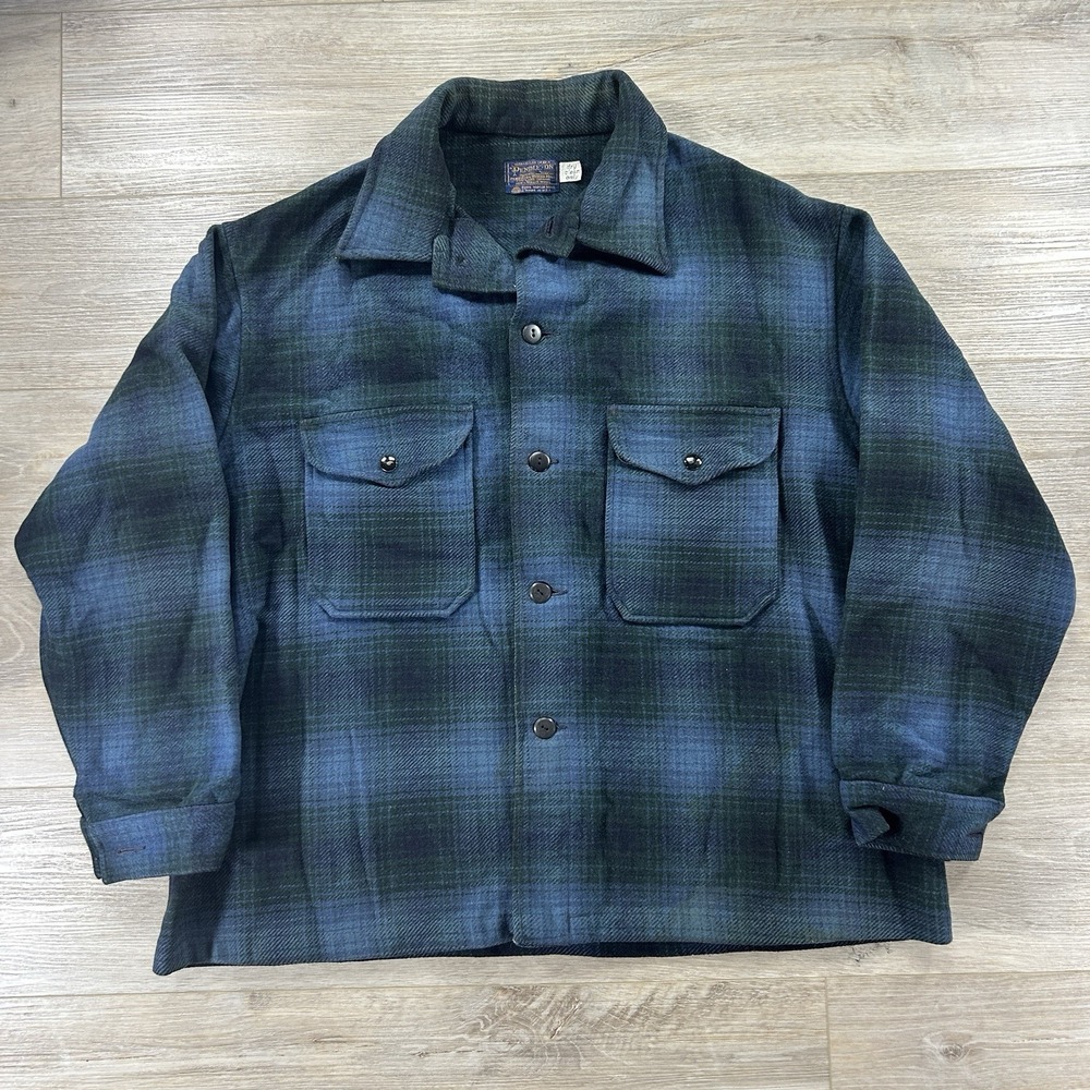 Vintage 70s Pendleton 100% Virgin Wool Plaid Shirt Jacket Blue Green Made USA**
